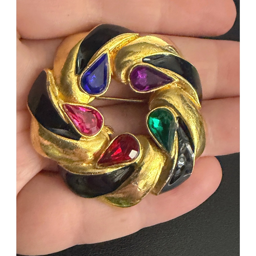Vintage Rhinestone Brooch 80s Pop Glam Gold Tone Black